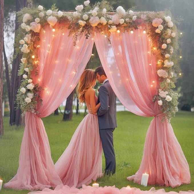 10ft x 8ft Dusty Rose Backdrop Curtain with Lights String for Parties, Sheer Tulle Wedding Photo Backdrops Drapes for Baby Shower Birthday Party Decorations Background for Photography - Image 2