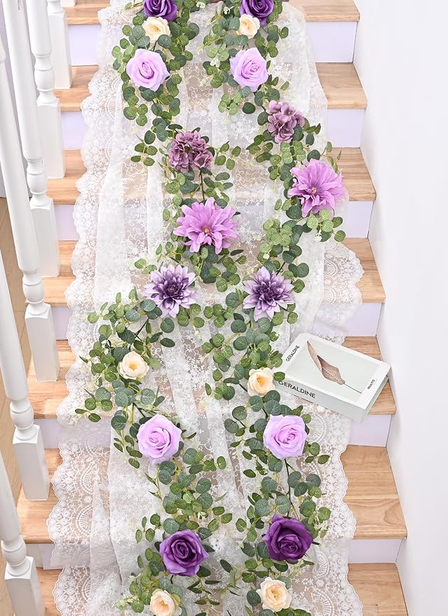Waipfaru 2 Pcs Flower Garland, 6Ft Eucalyptus Garland with Flowers, Rose Floral Vines for Wedding Reception Table Mantle Room Spring Summer Decor (Purple) - Image 6