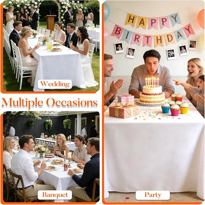 10 Pack White Rectangle Table Cloth 90 x 156 Inch for 8 Foot Tables | Wrinkle Resistant, Washable Rectangular Table Cloth, Polyester Fabric, For Party Banquet Wedding Buffet - Image 7