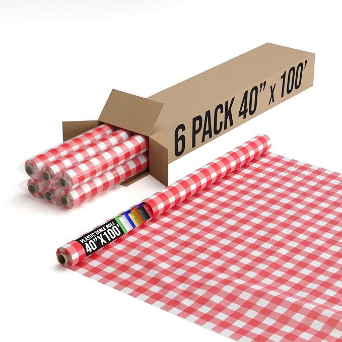Exquisite Party Solids Red Gingham Plastic Table Cover Roll 6 Pack 40" X 100' Table Cloth Plastic Cover Roll - Premium Quality Thick 0.5 MIL Banquet Rolls - Disposable Tablecloth Rolls by Exquisite