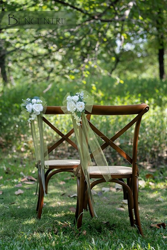 White&Greenery Wedding Chair Decor Set of 8,Chair Back Flowers,Aisle Decor for Ceremony,Reception,Outdoor,Church Pew Wedding Aisle,Artificial Flowers - Image 2
