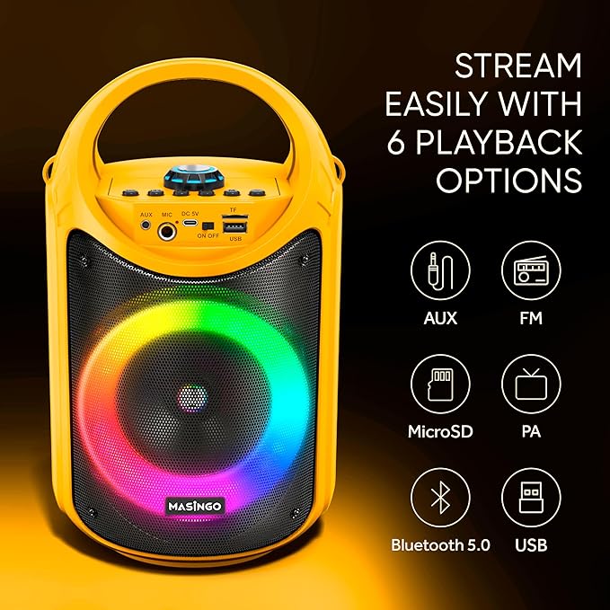 MASINGO Karaoke Machine for Kids and Adults with 1 Wireless Karaoke Microphone and 1 Wired Mic, PA Portable Speaker with LED Lights, Supports TF Card/USB, AUX/MIC in, TWS for Home Party, Burletta C10