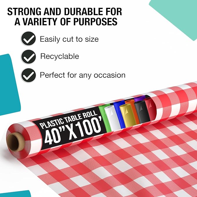 Exquisite Party Solids Red Gingham Plastic Table Cover Roll 6 Pack 40" X 100' Table Cloth Plastic Cover Roll - Premium Quality Thick 0.5 MIL Banquet Rolls - Disposable Tablecloth Rolls - Image 2