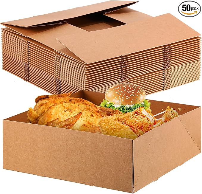 Teling 50 Pcs Kraft Paper Cardboard Food Trays Disposable Container, Brown | 10.4"x10.4"x3.7" Kraft Paper Holders Bulk, Party Theaters Stadiums Catering, Fast Food Container Boxes Foldable Design by Teling