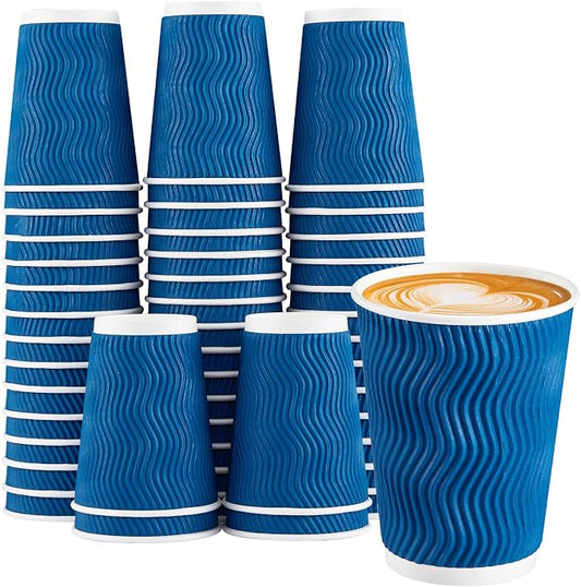 Lamosi 50 Count Insulated Coffee Cups 12 oz, Disposable Paper Cups No Lids | Corrugated Ripple Wall Design for Hot Beverages Cold Drinks, Home/Party/Travel/Picnic/Daily Use (Navy) by BuyNow