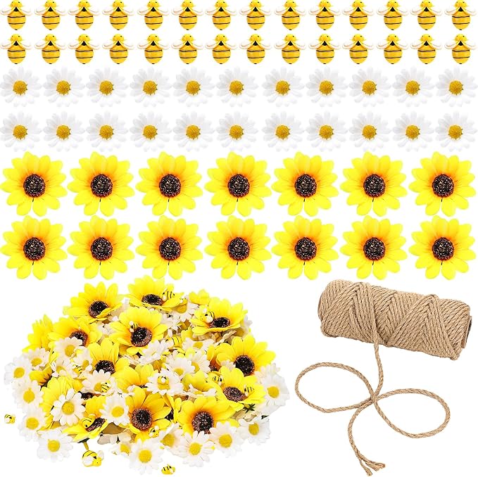 166 Pcs Artificial Sunflower Heads Tiny Bees Craft Decoration Fake Faux Silk Daisy Decoration Fabric Daisy Flower Head with Jute Rope for Party Wedding DIY Decor(Yellow and White,Single Size) by Tianxunewtig