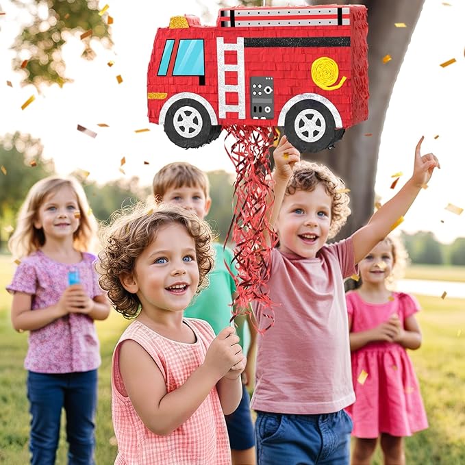 WERNNSAI Fire Truck Pinata - Firetruck Birthday Decorations Pinata for Boys Kids Firefighter Truck Theme Birthday Party Game Decorations Bundle with Blindfold and Bat