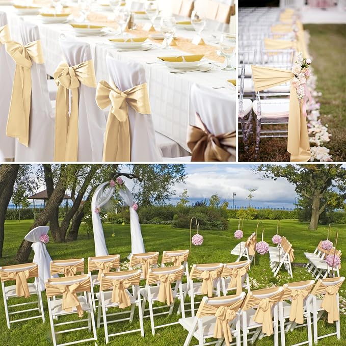 YMHPRIDE 60 PCS Champagne Satin Chair Sashes,Ties Bows Designed Chair Sashes for Wedding Party Baby Shower Banquet Restaurant Hotel Folding Chairs Decoration(Champagne,7x78 inch) - Image 7