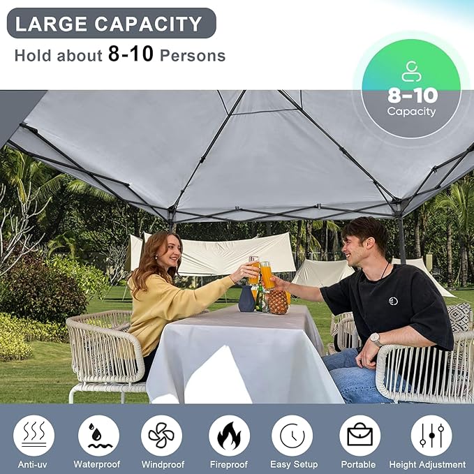 KAMPKEEPER 10x10 Pop-Up Canopy Tent, Waterproof, Portable Shade with Side Walls, Adjustable Instant Outdoor Shelter for Camping, Backyard, and Events, Grey