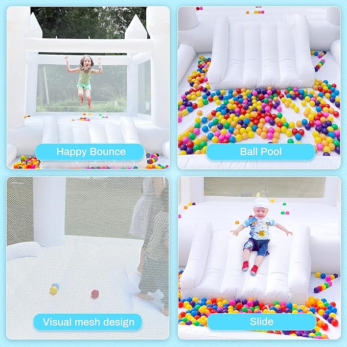 Inflatable White Bounce House for Kids with UL Blower-Portable, Large Ball Pool and Jump Space 3in1 Bouncy Castles A Spacious Joy-Room Bounce House for Kids 3-12 (Oxford material-13' L X 8' W X 8' H)
