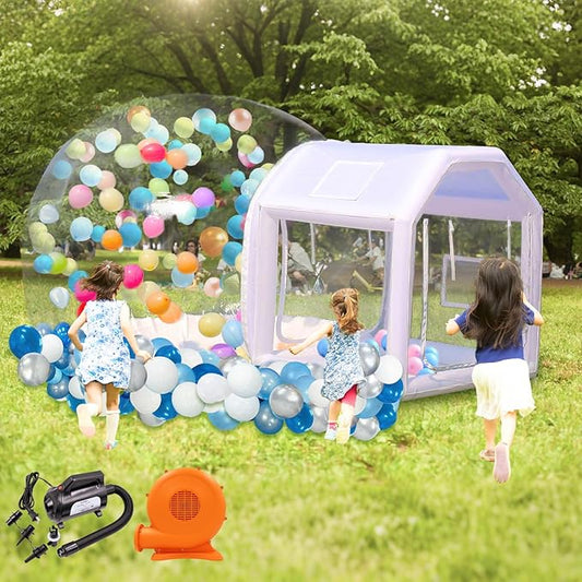 10ft Inflatable Bubble House Dome with Tunnel for Kids, Clear TPU Balloon Tent for Parties, Includes 450W Air Blower & 600W Air Pump