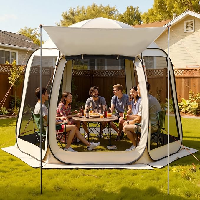 VEVOR 10 x 9.2' Pop-Up Screen House Tent with Extended Awning, 4–8 Person Screen Gazebo, Portable Screened Canopy with Carry Bag, Netting Sides & Ground Stakes for Patio, Backyard & Outdoor Activities