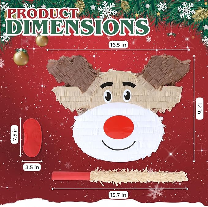 Christmas Reindeer Pinatas Bundle with a Blindfold and Bat (Small Size 16.5 x 12 x4 Inches), Holiday Theme Piñata, Christmas Party Supplies, Xmas Piñata, Party Decoration Games