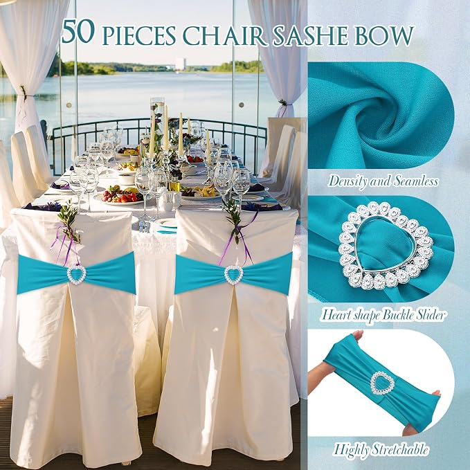 VitalCozy 100 Pcs Spandex Chair Sashes with Heart Buckle Slider,Turquoise - Image 3