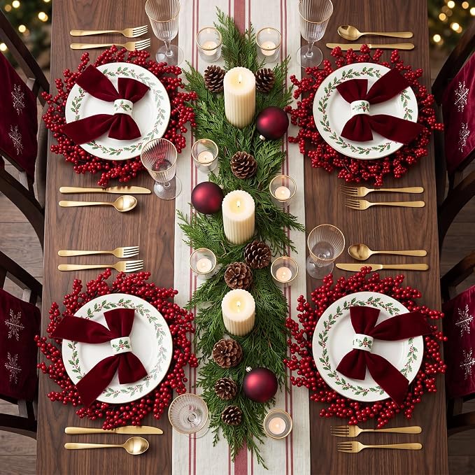Christmas Round Placemat Set of 12 Artificial Berry Wreath Charger | Circular Xmas Mats, Artificial Greenery Branch Place Mats, Winter Fake Berry Table Decor, Kitchen Dining Accessories - Image 5