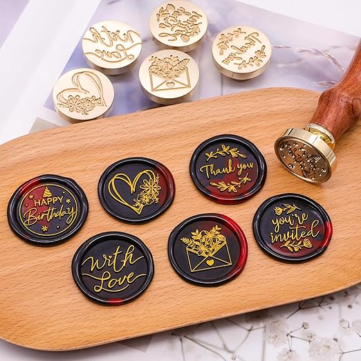 SWANGSA Blessing Wax Seal Stamp Gift Box Set, Vintage 6 Sealing Stamp Heads and 1 Wooden Hilt for Wedding, Party Invitations, Envelops, Christmas Cards and Gift (Phrases Kit)