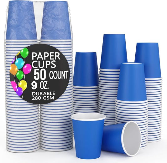 Party Solids Dark Blue Paper Cups 9 oz - 50 Disposable Cups for Hot & Cold Drinks - Durable 280 GSM Coffee Tea Tumblers for Parties Events & To Go by PartySolids