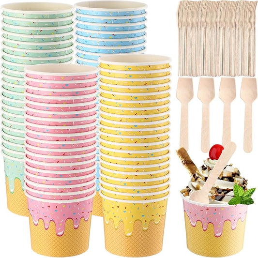 100 Pack 6 oz Paper Ice Cream Cups with Wooden Spoons, Disposable Dessert Bowls, Colorful Sundae Bar Supplies for Parties, Hot Soup, Frozen Yogurt by Unknown