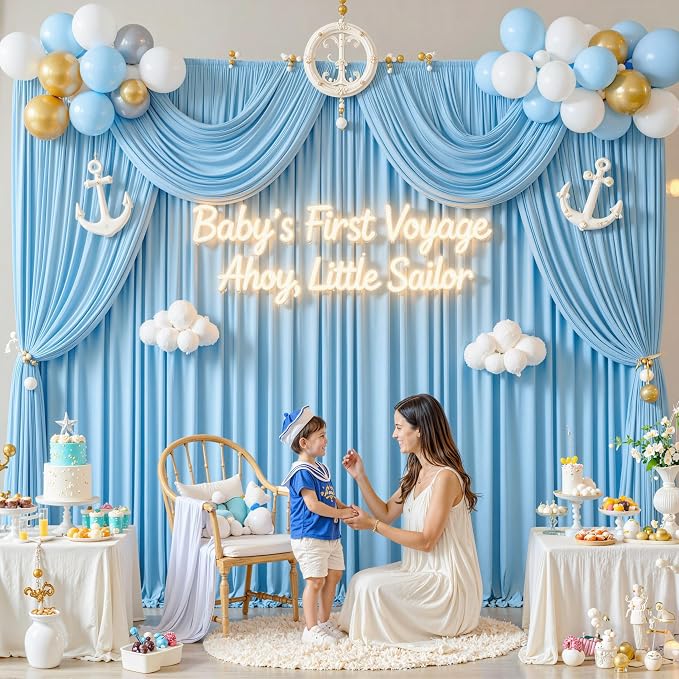 30 ft x 10 ft Wrinkle Free Baby Blue Backdrop Curtains for Parties, 6 Panels 5 ft x 10 ft Polyester Light Blue Photo Backdrop Drapes for Birthday Wedding Party Baby Shower Photography - Image 8