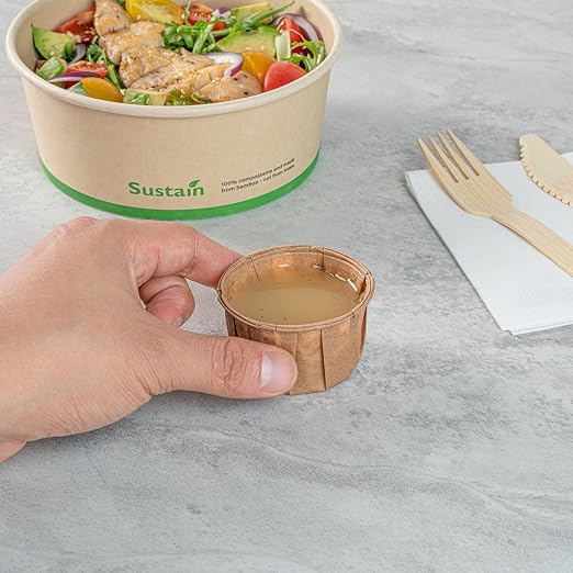 Restaurantware-Sustain 2 Ounce Portion Cups, 100 Disposable Condiment Cups - Compostable, Versatile, Kraft Paper Sample Food Cups, Stylish, For Serving Dips, Jams, Sauces, Nuts, And More - Image 5