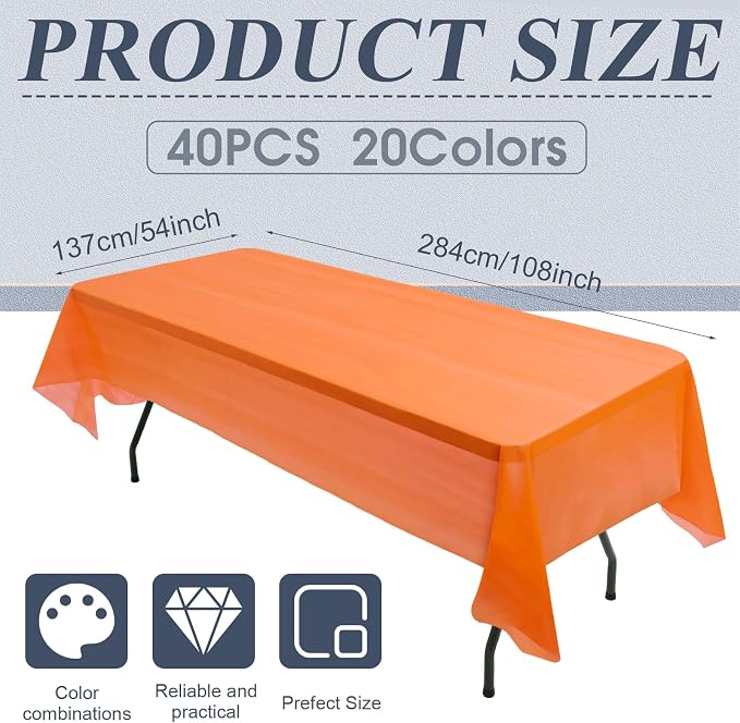 Preboun 40 Pcs Disposable Plastic Tablecloth Bulk 54x108 Inch 20 Colors | Bulk Pack for Parties, Rectangle Plastic Table Covers, Colorful Disposable for Birthday Wedding Graduation Theme Decor - Image 2