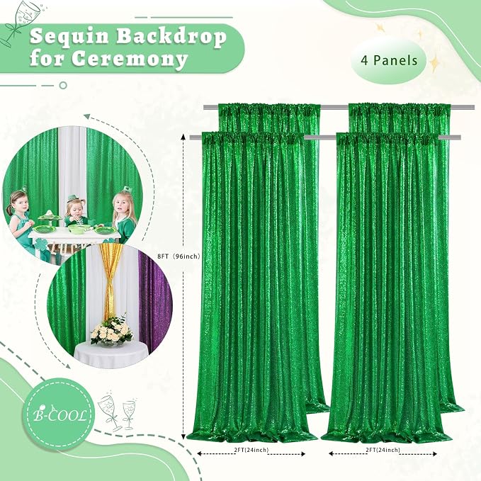 Green Sequin Backdrop Curtains 4 Pcs 2ftx8ft Glitter Shimmer Fabric - Image 2
