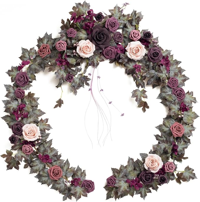 Ling's moment Deep Purple Artificial Flower Garland Wedding Arch 6 FT | Purple Rose & Eucalyptus , Greenery, Sweetheart Table Decor, Floral Garland for Mantle, Centerpieces, Backdrop by LingsMoment