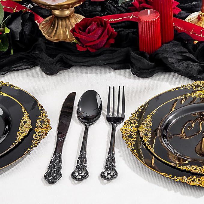 150PCS Black Plastic Silverware - Heavy Duty Disposable Cutlery Sets - Fancy Plastic Utensils Flatware Include 50 Forks, 50 Spoons, 50 Knives for Catering, Dinners, Weddings, Party