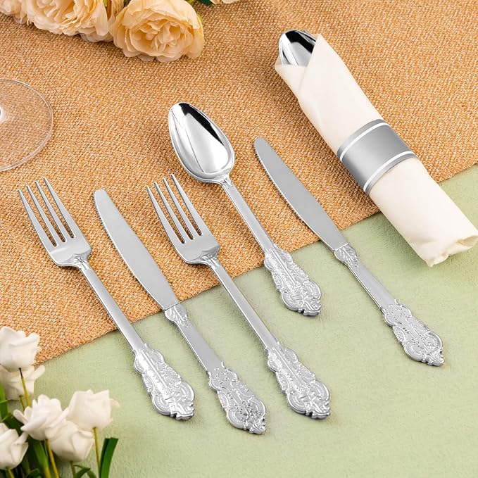 100 Pack Silver Plastic Silverware with Pre Rolled Napkins for 100 Guests, Silver Disposable Utensils Sets Includes 300 Plastic Cutlery, and 100 Napkins for Party & Wedding