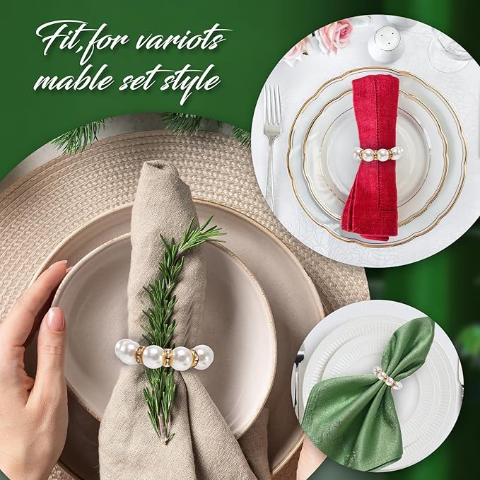 100 Pcs Pearl Napkin Rings, Exquisite Gold Napkin Rings Bulk, Suitable for Table Decorations for Weddings, Family Parties, Engagements, Christmas, and Other Occasions