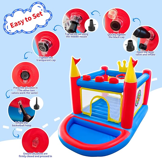 Inflatable Bounce House with Blower, PVC Bouncer for Kids Ages 3-8, Indoor and Outdoor Bouncy Playhouse, Jumping Castle with Pump, Ball Pit, Ringtoss and Target Game, Bouncer for 3 Kids