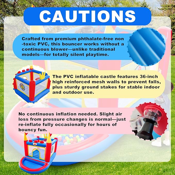 Inflatable Bounce House with Blower, PVC Bouncer for Kids Ages 3-8, Indoor and Outdoor Bouncy Playhouse, Jumping Castle with Pump, Ball Pit, Ringtoss and Target Game, Bouncer for 3 Kids