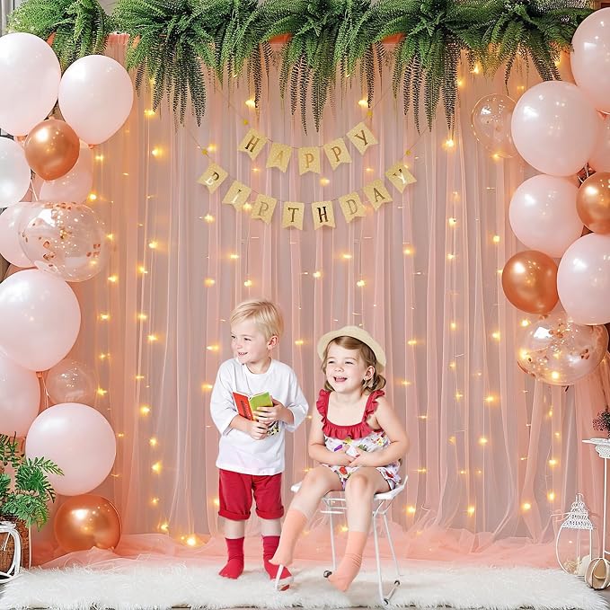 10ft x 8ft Peach Backdrop Curtain with Lights String for Parties, Sheer Tulle Wedding Photo Backdrops Drapes for Baby Shower Birthday Party Decorations Background for Photography - Image 5