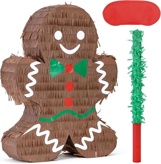 Christmas Gingerbread Man Pinatas Bundle with a Blindfold and Bat (Small Size 16.5x12.5x4 Inches), Holiday Theme Piñata, Christmas Party Supplies, Xmas Piñata, Party Decoration Games