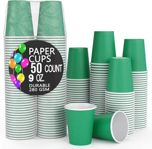 Party Solids Emerald Green Paper Cups 9 oz - 50 Disposable Cups for Hot & Cold Drinks - Durable 280 GSM Coffee Tea Tumblers for Parties Events & To Go by PartySolids