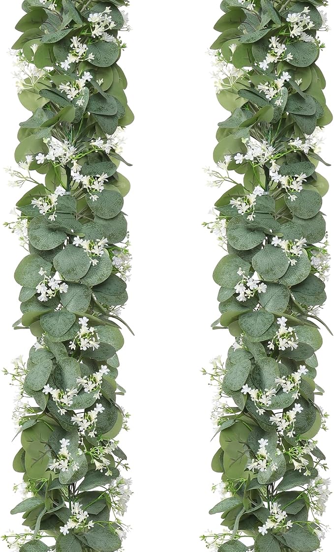 KHOYIME Eucalyptus Garland with White Flowers, 2 Packs 5.9Ft Artificial Silver Dollar Eucalyptus Leaves Plant Fake Greenery Hanging Ivy Vines Faux Wreath for Wedding Arch Party Mantle Table Home Decor | KHOYIME Faux Silver Dollar Eucalyptus Leaves Fake... by KHOYIME