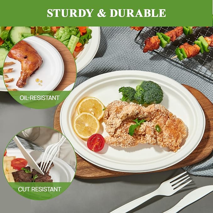 Vplus 100% Compostable Oval Paper Plates 10 inch 125 Pack, White | Super Strong, Disposable Paper Plates, Bagasse Natural Biodegradable, Sugarcane for BBQ, Party, Dinner, and Picnic - Image 4