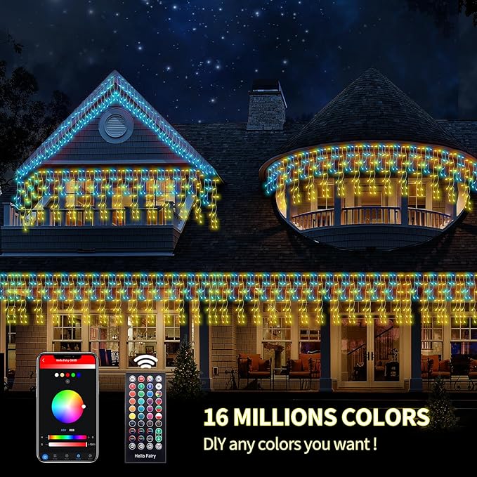 Gemce Smart RGB Icicle Lights, 66ft 608 LEDs Outdoor/Indoor Christmas Chasing Lights, 16 Million DIY Colors, Music Sync, 58+ Scene Modes, App Control for Holiday & Party Decor