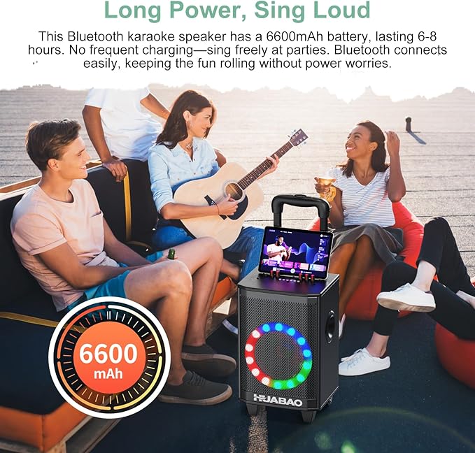 Portable Karaoke Machine with 2 Wireless Microphones, Bluetooth Speaker with Lights and Trolley Wheels, 6600mAh Rechargeable PA System, FM/AUX/USB/TF, Remote, Bass/Treble/Echo Adjust, Ideal for Party