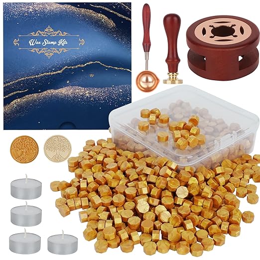 Wax Seal Stamp Kit - 357Pc Set with Wax Beads, Seal Stamp, Warmer, Spoon, Candles for Vintage Envelopes & Letters - Gold