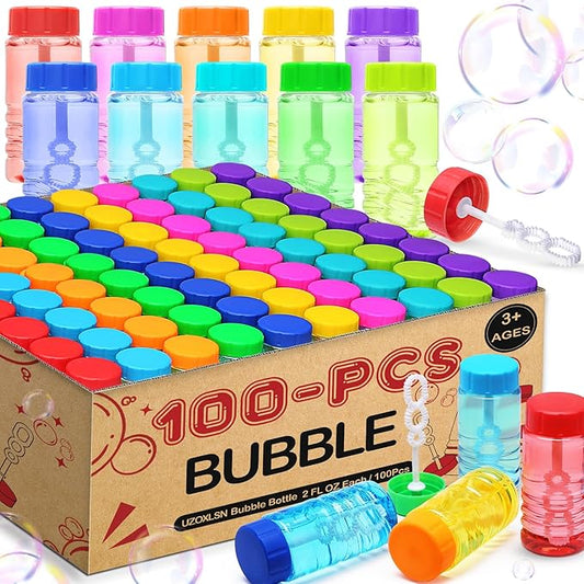 100 Pack 10 Neon Colors Bubble Bottles with Wand Attached to the Cap, Summer Bubble Solution Bulk Toy, Birthday Decor Gift Box, Party Favor Supplies for Kid, Carnival, Goody Bag Stuffer, Pinata Filler