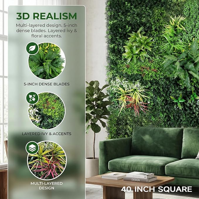Artificial Grass Wall Panels, 40"x40" Greenery Wall Boxwood Panels, UV-Anti | Faux Grass Ivy Privacy Screen Fence, Grass Wall Backdrop for Indoor Outdoor Garden Patio Backyard Green Wall Decor - Image 2