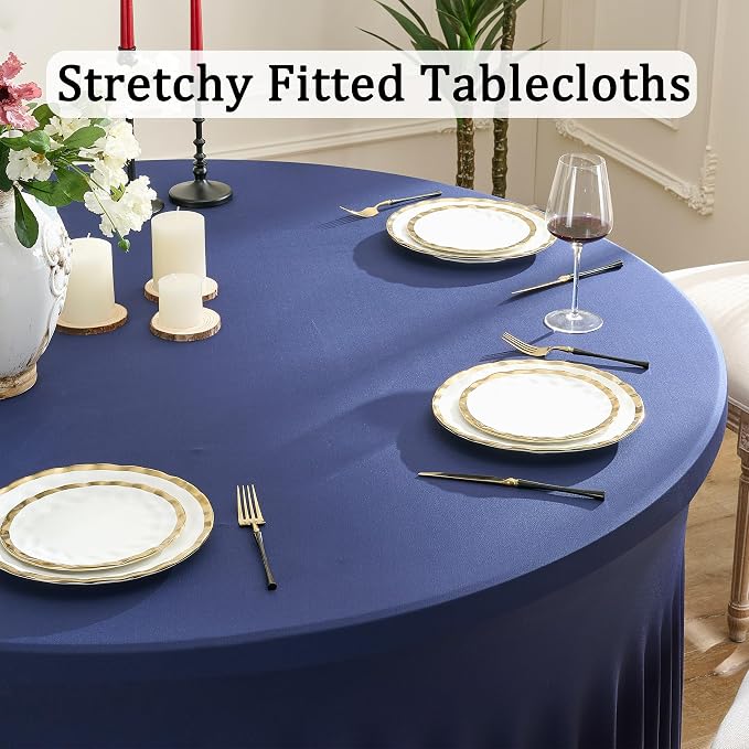 6 Pack Navy Blue Round Spandex Tablecloths for 60 inch Table, Wrinkle Free Stretchy 120inch Fitted 5FT Round Table Cloths Cover with Skirt for Wedding Birthday Party Dining Banquet Events - Image 2