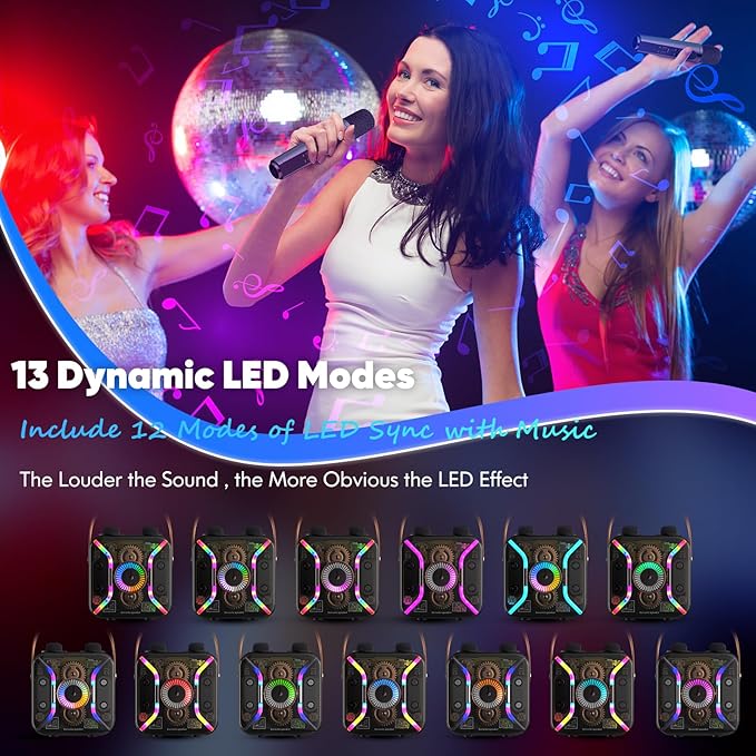 Karaoke Machine for Adults with Two Wireless Microphones, PA System Bluetooth Speaker with Microphone Supports Bass Treble, TF Card, USB, AUX, Karaoke Machine for TV, Party, Birthday (Black)