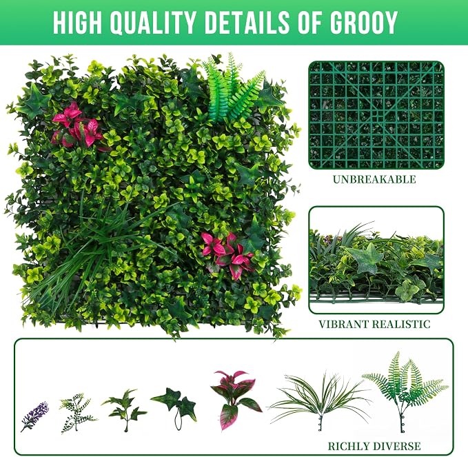 Grooy Artificial Boxwood Panels, 12PCS 20"x20" Fake Grass Wall Decor | Privacy Hedge Fence Screen, UV Protection Greenery Backdrop, Odorless, Realistic, Outdoor Garden Backyard Decoration - Image 2