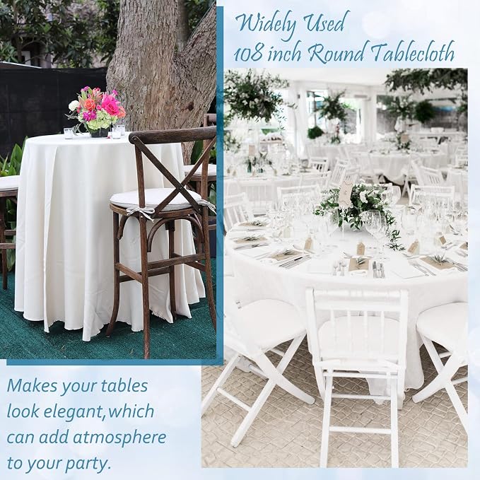 fani 8 Packs White Round Tablecloth - 108 Inch, Polyester | Table Cloth for Round Tables, Washable Fabric, TableCovers for Wedding, Party, Banquet, Dining Tables, Camping - Image 7