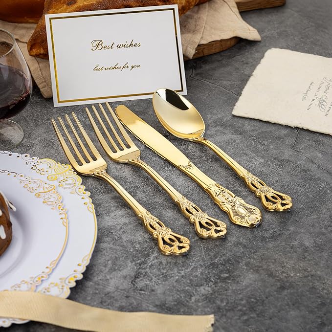 90 Pieces Gold Plastic Silverware - Heavy Duty Gold Disposable Utensils - Fancy Plastic Cutlery Set Includes 30 Forks, 30 Spoons, 30 Knives for Dinner Parties Weddings