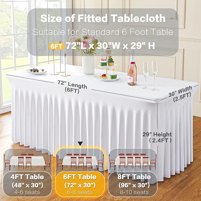 4 Pack White Spandex Tablecloths for 6 Foot Rectangle Tables, Wrinkle Free Stretchy Table Cloths 6ft Fitted Table Cover DeskSkirt for Weddings Birthday Party Banquet Baby Shower - Image 5