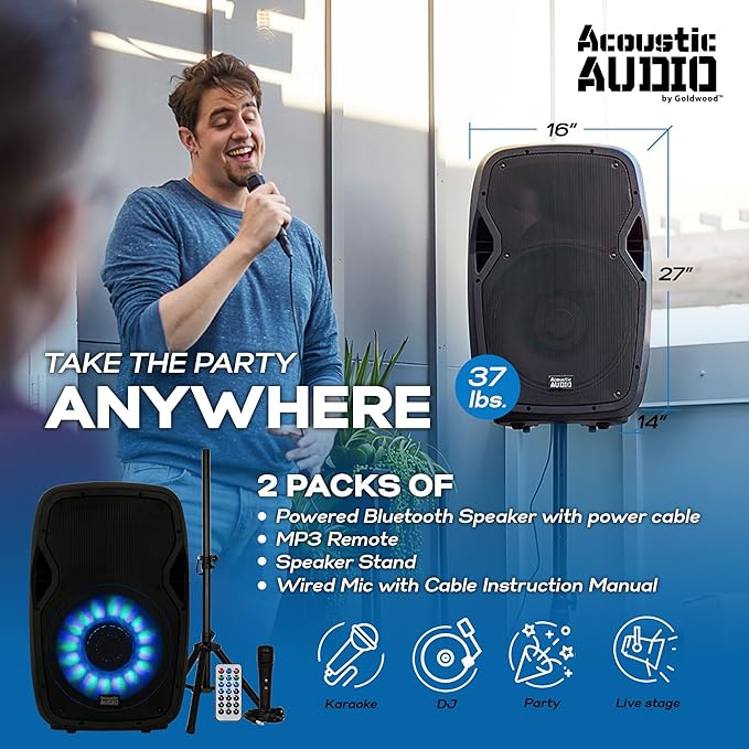 Acoustic Audio by Goldwood 15 Inch 1000 Watt Bluetooth LED Speaker System with RCA25 Pro Audio 25 Foot Stereo Cables, Red/White (2 Pack)