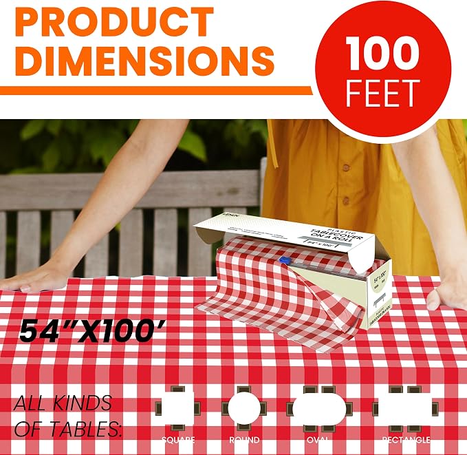 LEMON + Co. Red Gingham Premium Plastic Tablecloth Roll - 54" x100' for Parties with Cutter Box - Cut to Size Rectangle & Round Disposable Tablecloth Plastic Table Cover - Image 4